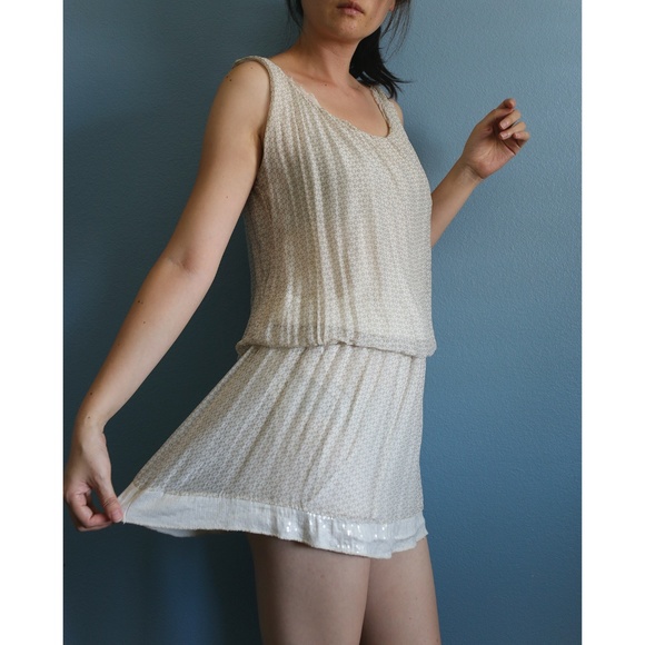 Flowy Cream Summer Dress, Elastic Waist, Sequins - Picture 1 of 5